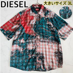 【美品 大きいサイズ3L 52】DIESEL ディーゼル 半袖シャツ チェック オーバー 総柄 近年モデル 23AW