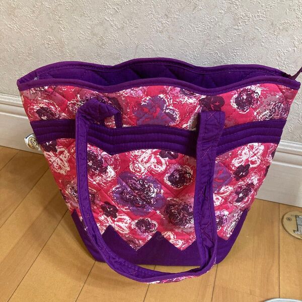 ハンドメイド キルティングバッグ 花柄 トートバッグ パープル