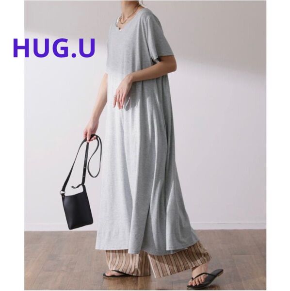 HUG.U ワンピース レディース ロングワンピース 半袖Tシャツワンピ・グレー