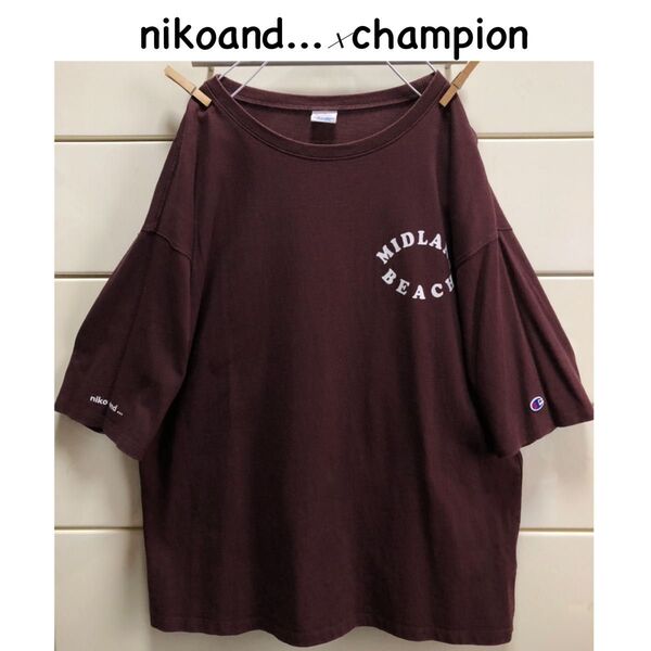 ニコアンド チャンピオン 英字 コットン オーバーサイズ ビッグ Tシャツ L nikoand... champion エンジ