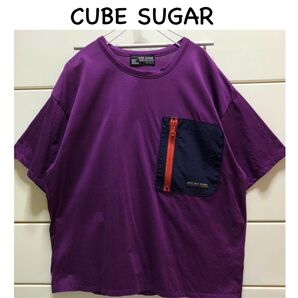 キューブシュガー ジップ ナイロン ポケット付き コットン 半袖 Tシャツ カットソー M メンズ パープル cubesugar