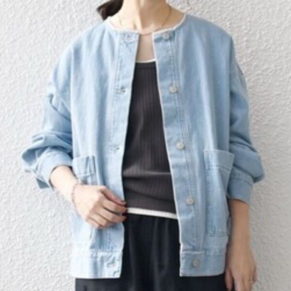 デニムジャケット SHIPS any: ノーカラー デニム ブルゾン「SHIPS any DENIM」スカイブルー シップス