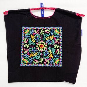 フローラルバンダナ エコバッグ バンダナ柄 刺繍 バッグ トートバッグ М ブラック 黒 新品 未使用 花柄 うさぎ フラワー 鳥