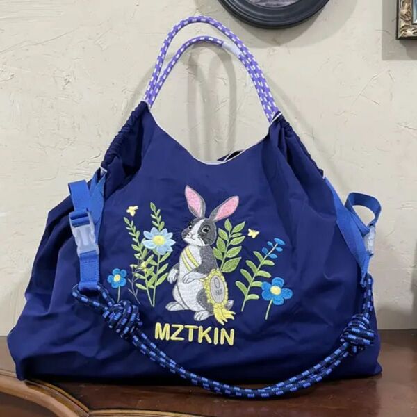 刺繍ナイロン トートバッグ エコバッグヴィンテージ ショルダーベルト付 L