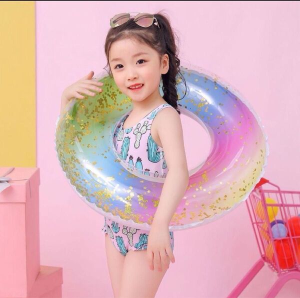 キラキラ可愛い!子供用ラメ入りレインボー浮き輪 60cm