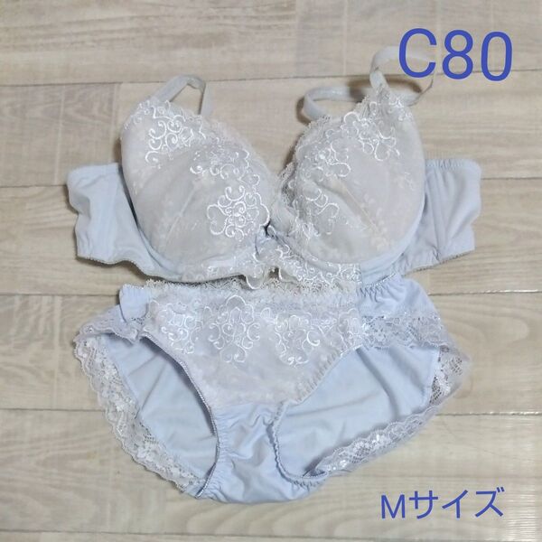 ブラジャー&ショーツセット レース付き 薄い水色 C80/ Mサイズ③