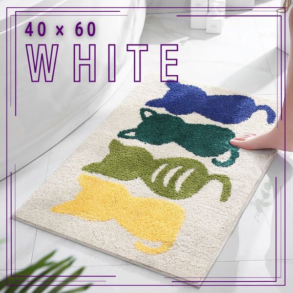 猫柄 玄関マット 白 40×60cm トイレ キッチン ホワイト トイレマット お風呂 洗面所 滑り止め バスマット 猫