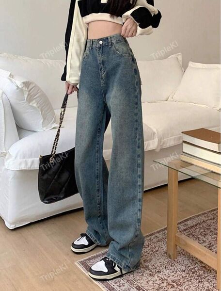 SHEIN 無地 ハイウエスト ワイドレッグジーンズ