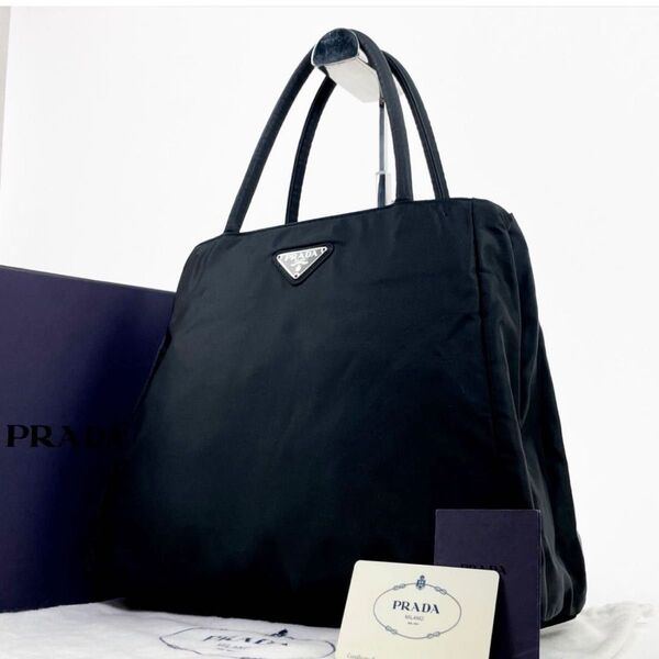 美品 PRADA プラダ ナイロン トートバッグ ハンドバッグ B3864 ブラック 三角ロゴギャランティカード付きユニセックス