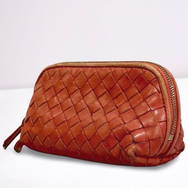 BOTTEGA VENETA ボッテガヴェネタポーチ 小物入れ コスメポーチ イントレチャート レザー レッドブラウンヴィンテージ