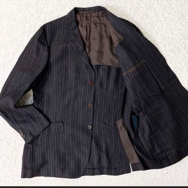 Zegna ゼニア リネン テーラードジャケット 54R XL相当 ストライプブラック 黒 リネン(麻)100% ピンストライプ