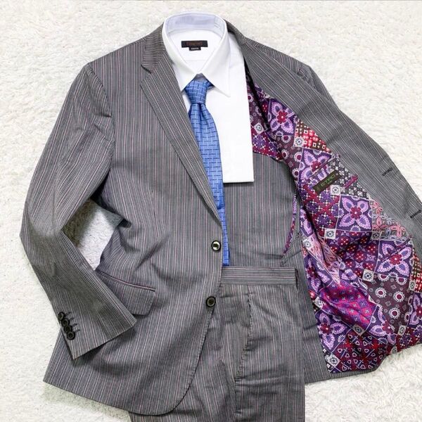 ETRO エトロ スーツ セットアップ グレー ストライプ柄 裏地総柄 サイズ56(XLサイズ相当) ウール×コットン メンズ