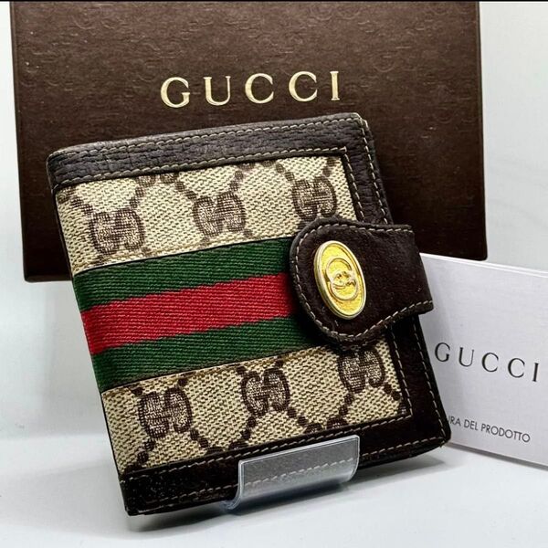 GUCCI グッチ オールドグッチ二つ折り財布 コインウォレットシェリーライン キャンバス レザー保管箱 正規品