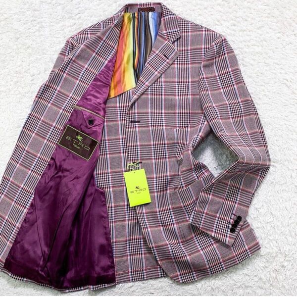 ETRO エトロ テーラードジャケット チェック柄×華やか裏地デザイン サイズ50(XLサイズ相当) コットン100% メンズ