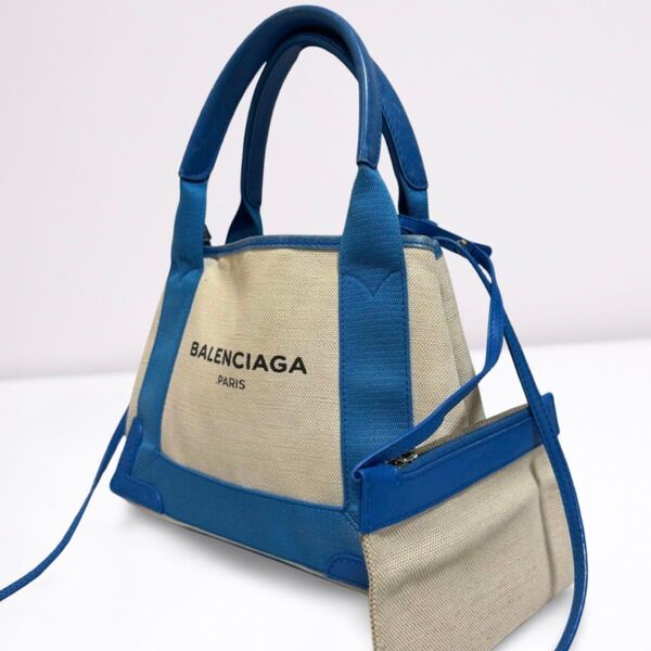 BALENCIAGA バレンシアガ ハンドバッグ トートバッグ生成り × ブルー(青)キャンバス×レザー 取り外し可能なポーチ