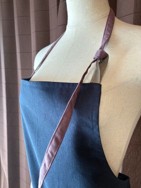 ハンドメイド カフェエプロン ハーフリネン ネイビー×フジ×グレージュ