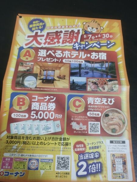 懸賞応募 大感謝キャンペーン コーナン A賞 B賞 C賞 いずれか 1口分 匿名発送 送料込