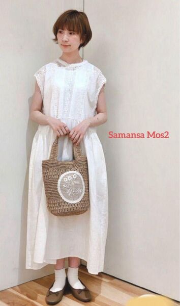 ※Samansa Mos2※ 綿麻 後リボンあきレースワンピース オフホワイト
