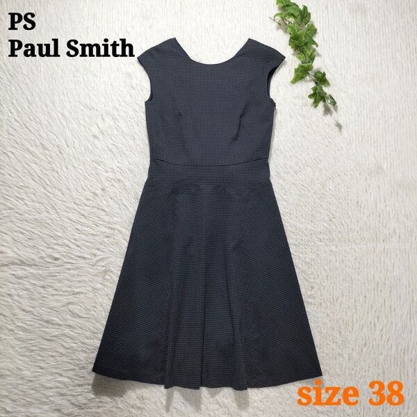 PS Paul Smith ピーエスポールスミス ひざ丈ワンピース ノースリーブ フレンチスリーブ ドット柄 ネイビー 38
