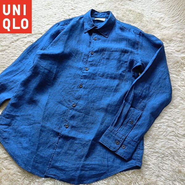 ユニクロ UNIQLO プレミアムリネンシャツ (長袖) ブルー L 短時間使用一度のみ