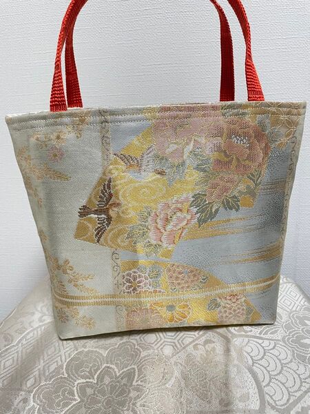 本佐賀錦正絹九百綿高級帯リメイク ハンドメイド ちょこ持ちトートバック 縁起柄