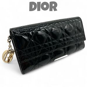 未使用級 Christian Dior レディディオール 長財布 カナージュ パテント エナメル 黒 ブラック レディース
