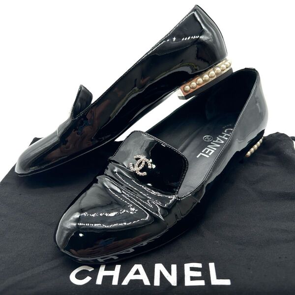極美品 CHANEL シャネル オペラシューズ パンプス パール装飾 ココマーク エナメル パテント 24cm 黒 ブラック
