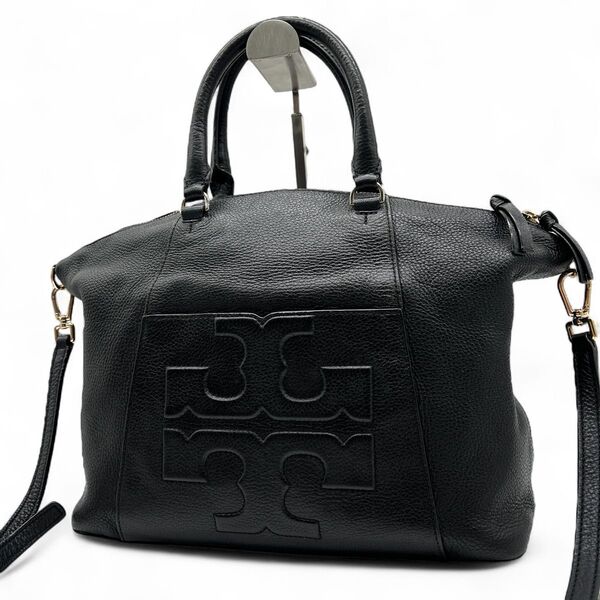 極美品 トリーバーチ TORY BURCH 2way ハンドバッグ ショルダーバッグ ビックロゴ レザー 黒 ブラック シボ革