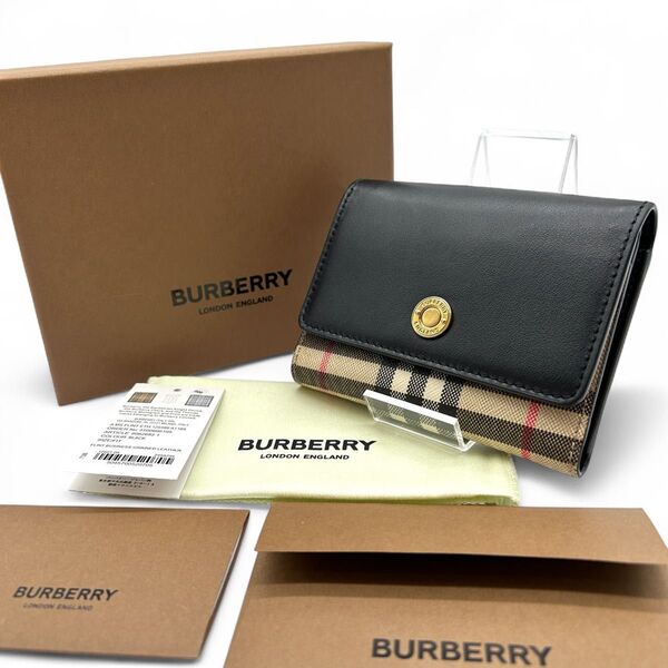 新品未使用 BURBERRY バーバリー 三つ折り財布 ノバチェック レザー PVC ブラック ブラウン 付属品完備