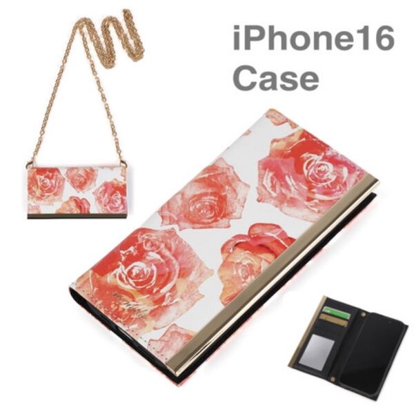 ミラー付き!iPhone16/15用ローズ フラワーデザインゴールドプレート手帳型ケース オシャレ かわいい スマホケース 女子