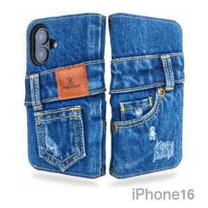iPhone16/16Plus/16Pro/16Promax用ダメージデニム手帳型ケース UKTrident ユーケートライデント
