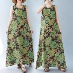 ロングワンピース ノースリーブ ティアード 緑