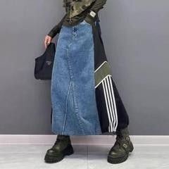 デニム・サイドバイカラーロングスカート