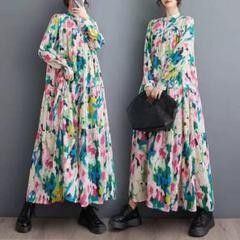 マルチカラー フラワープリント ロングシャツワンピース