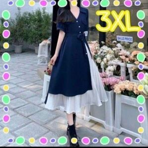 新品 ワンピース シャツワンピース バイカラー 3XL Vネック シャツ襟