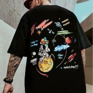 新商品 メンズ Tシャツ 宇宙 ブラック 4XL ストリート オーバーサイズ バックプリント ユニセックス 黒