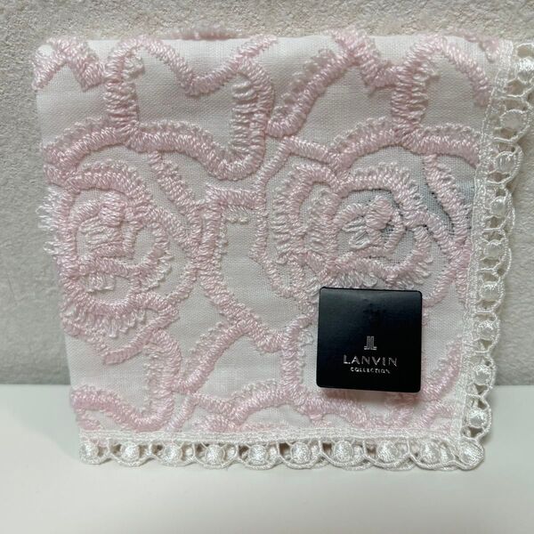 ランバン LANVIN ガーゼレース刺繍ハンカチ ピンク 未使用