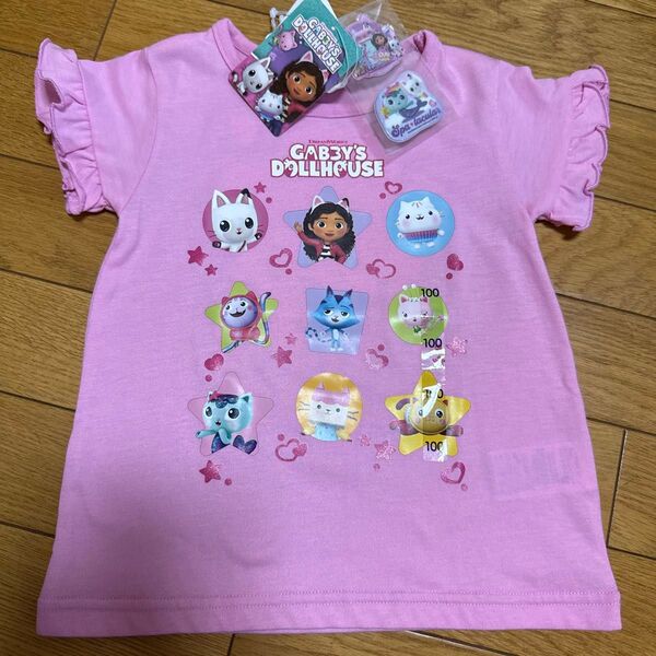 新品未使用 100 ギャビーのドールハウス 半袖 キッズ Tシャツ バックプリント フリル ピンク コラボ 夏物 ねこ