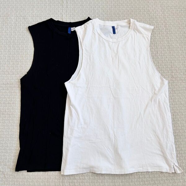 H&M ノースリーブ カットソー メンズインナー 白 黒 2枚セット まとめ売り タンクトップ トップス コットン100%