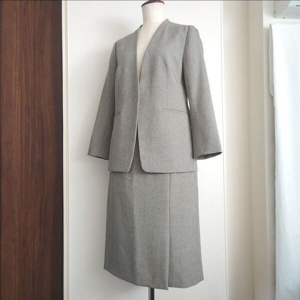 美品『INDIVI』セットアップ スーツ ノーカラー スカート 2点セット L 40 大きいサイズ ジャケット スカートスーツ