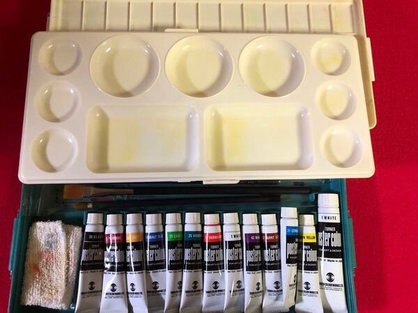 TURNER ポスターカラー12色セット パレット、筆、布付き