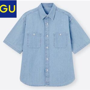GUジーユー デニムオーバーサイズワークシャツ(5分袖)Mサイズ 半袖シャツ BLUE