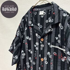 大きめ】Disneyディズニーミッキー和柄 開襟半袖シャツMサイズ オープンカラー