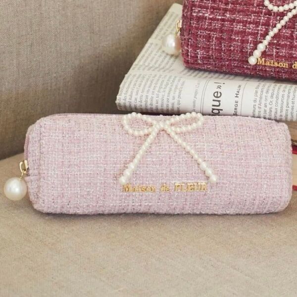 Maison de FLEUR ツイードパールリボンロングペンポーチ 新品 ライトピンク
