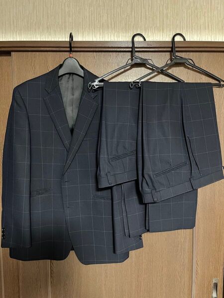 【美品】メンズ ツーパンツ スーツ Pazzo AB6 ウール混51% セットアップ スラックス2本付き