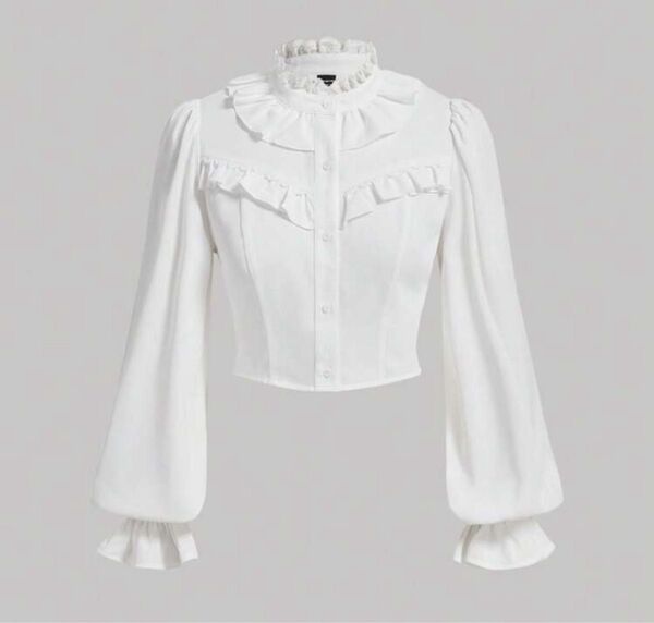 【SHEIN】ホワイトフリルパフスリーブシャツ ブラウス フリル ホワイト
