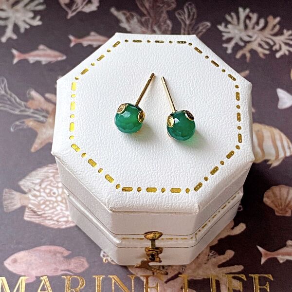 グリーンオニキス 6mm 天然石 一粒ピアス サージカルステンレス