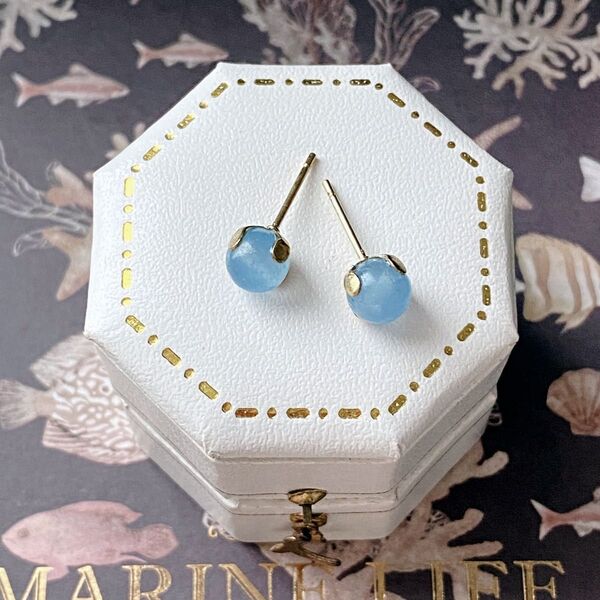 シーブルーカルセドニー 6mm 天然石 一粒ピアス サージカルステンレス