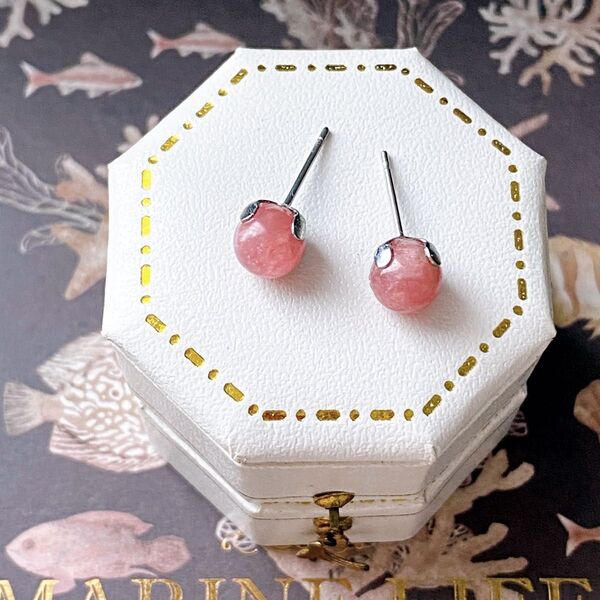 インカローズ 約6mm 天然石 一粒ピアス サージカルステンレス