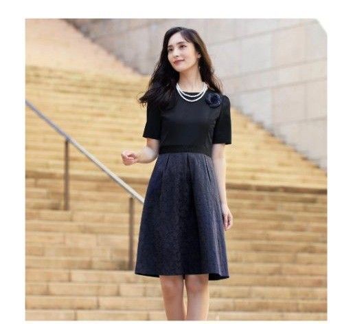 アンジョア ジョエル 事務服 ドレス ネイビー ジャガードワンピース 11号